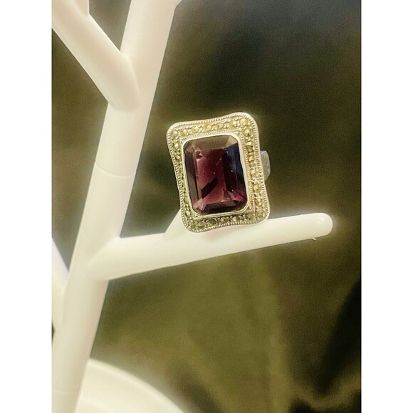 Very Large Emerald Cut Amethyst Filigree Sterling Ring Size 6 11.1 Grams
